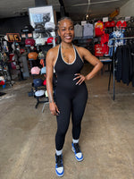 Load image into Gallery viewer, Ribbed &amp; Ruched Halter Jumpsuit-BLACK
