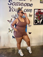 Load image into Gallery viewer, A woman modeling a plus size activewear dress in a java brown color.
