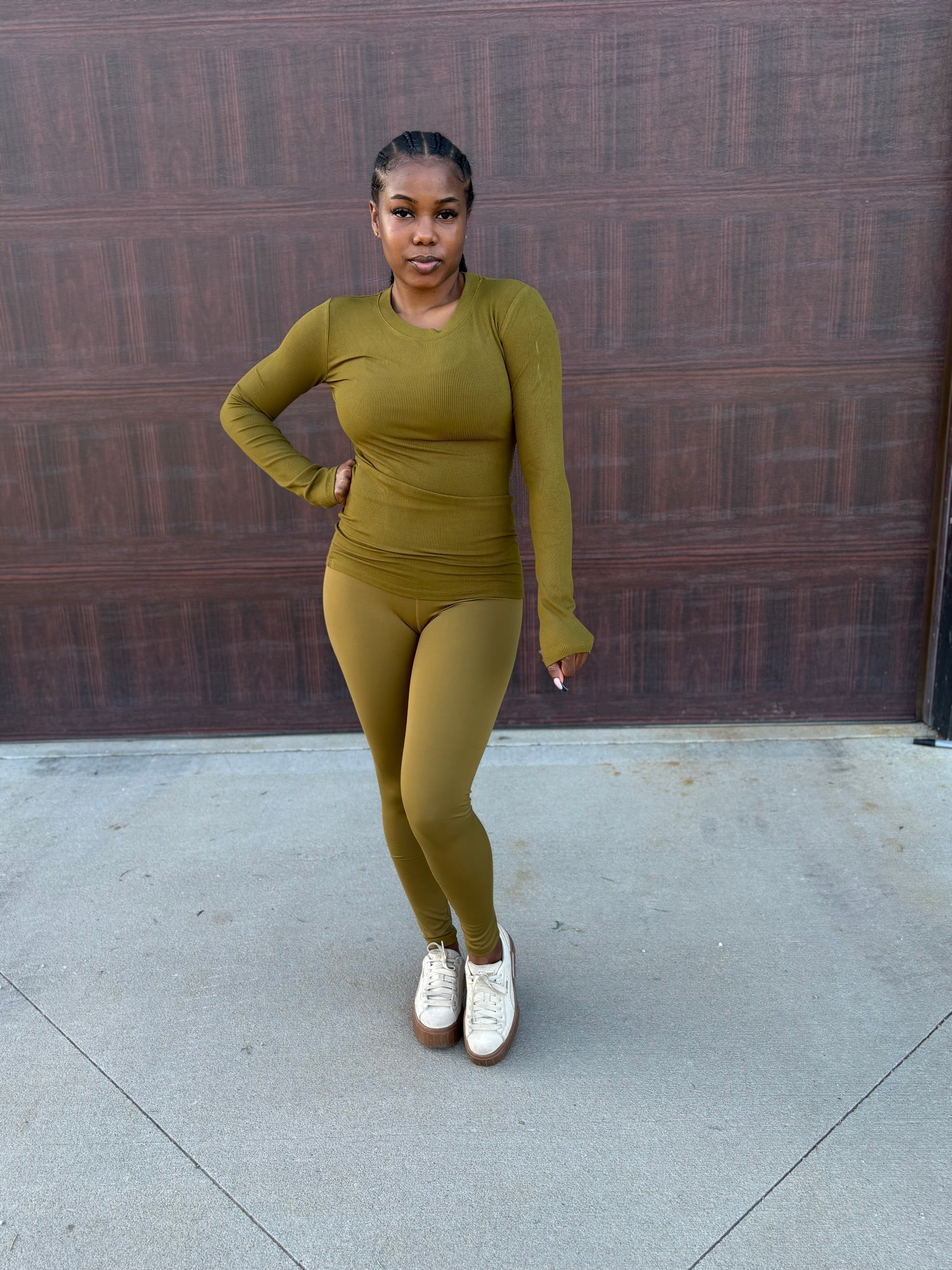 Long Sleeve Ribbed Top in Olive Green