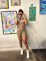 Load image into Gallery viewer, 2pc short taupe set with white piping
