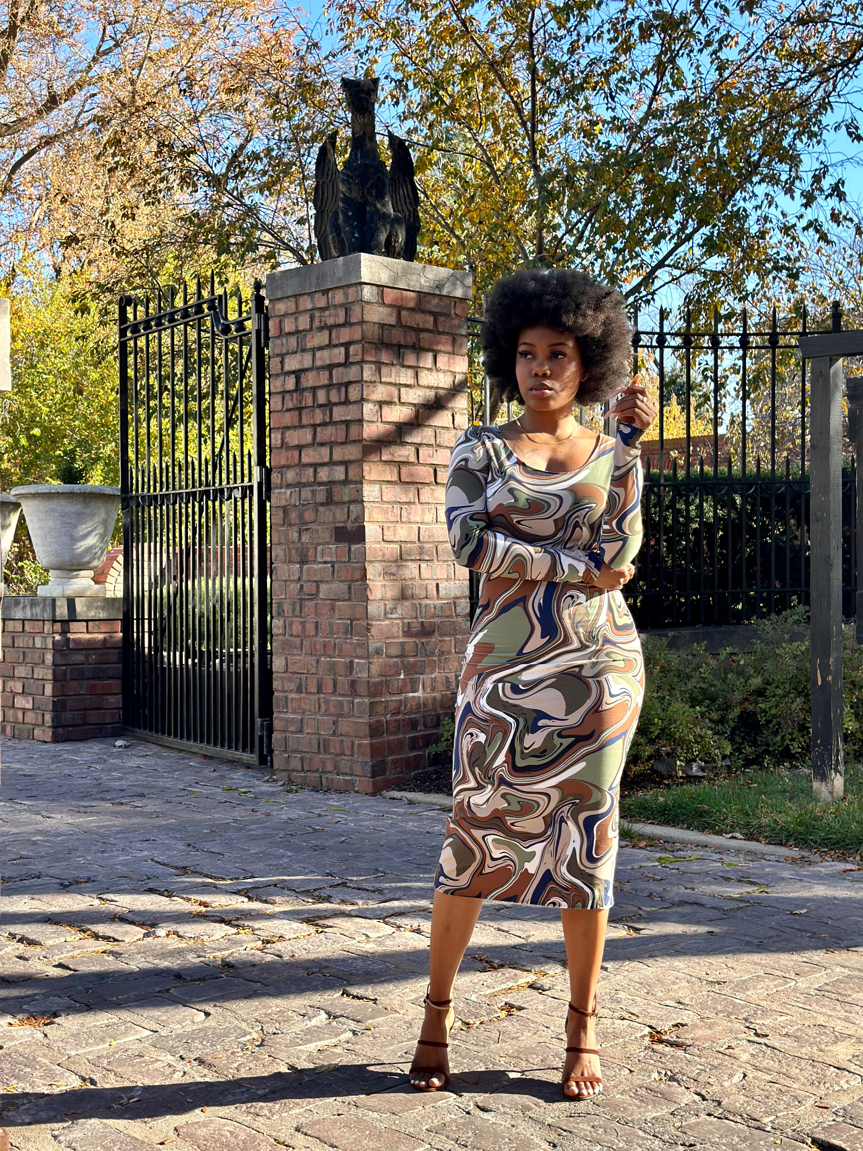 marble abstract midi dress