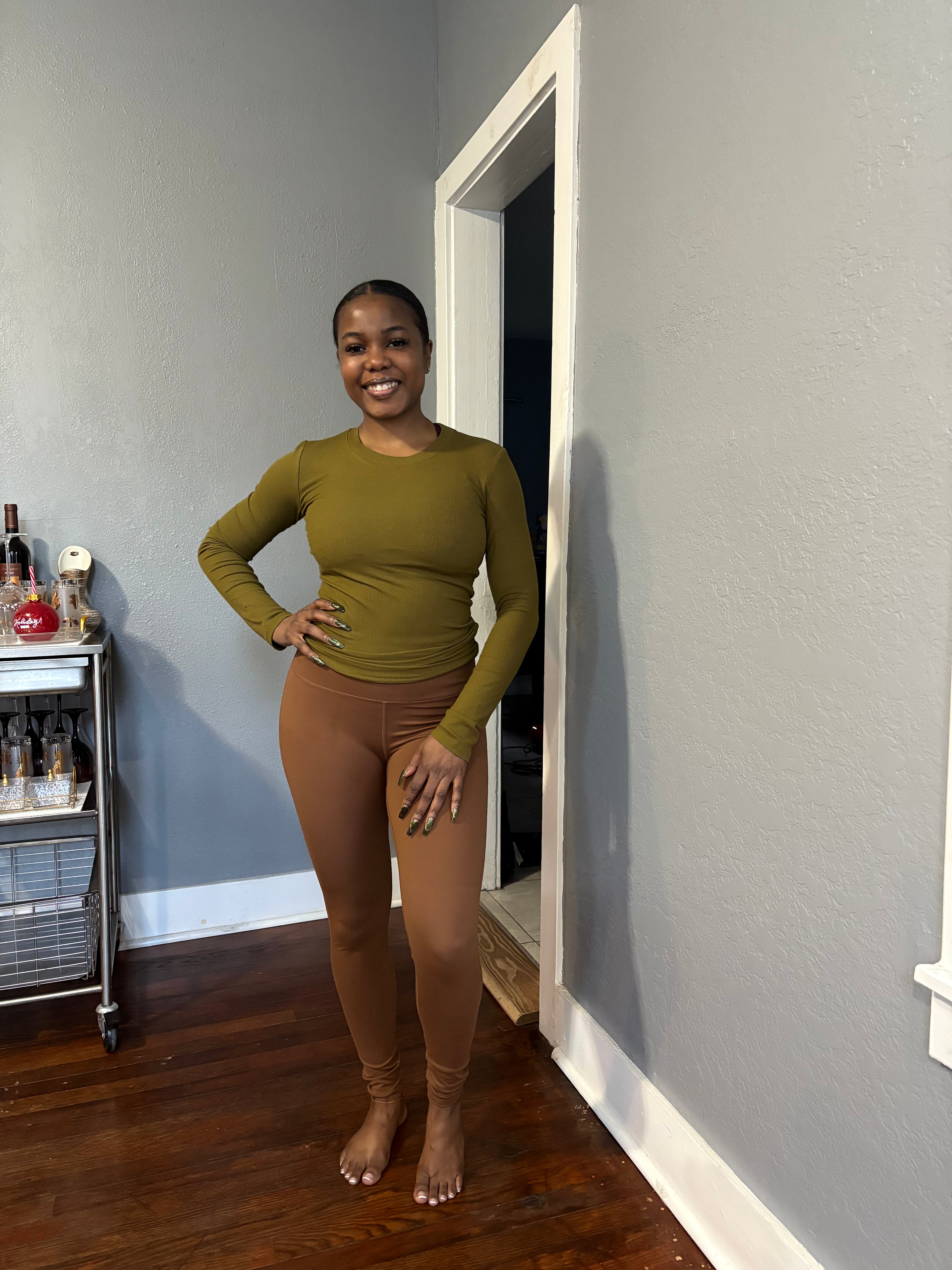 Long Sleeve Ribbed Top in Olive Green