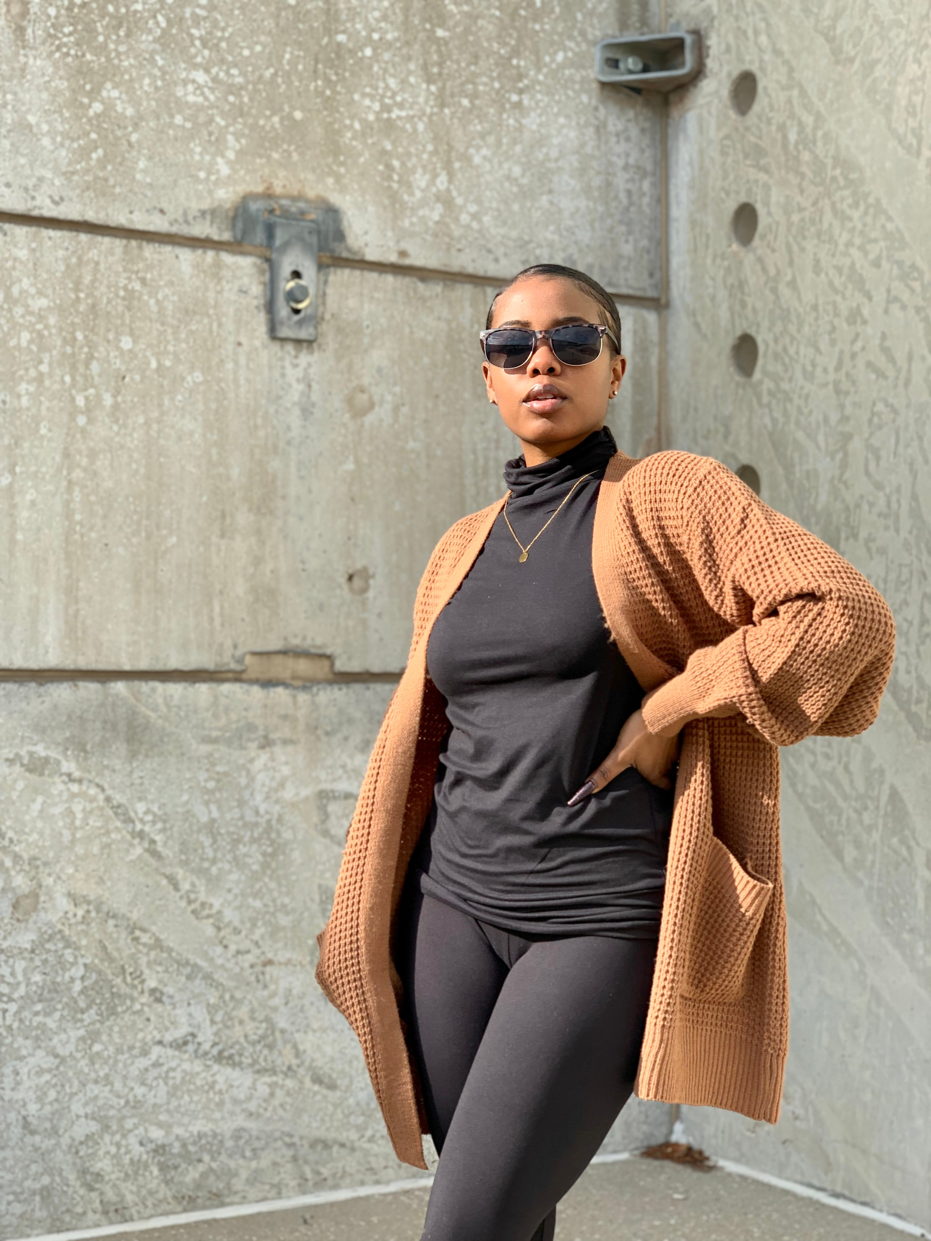 CARLI Waffle Cardigan-Camel