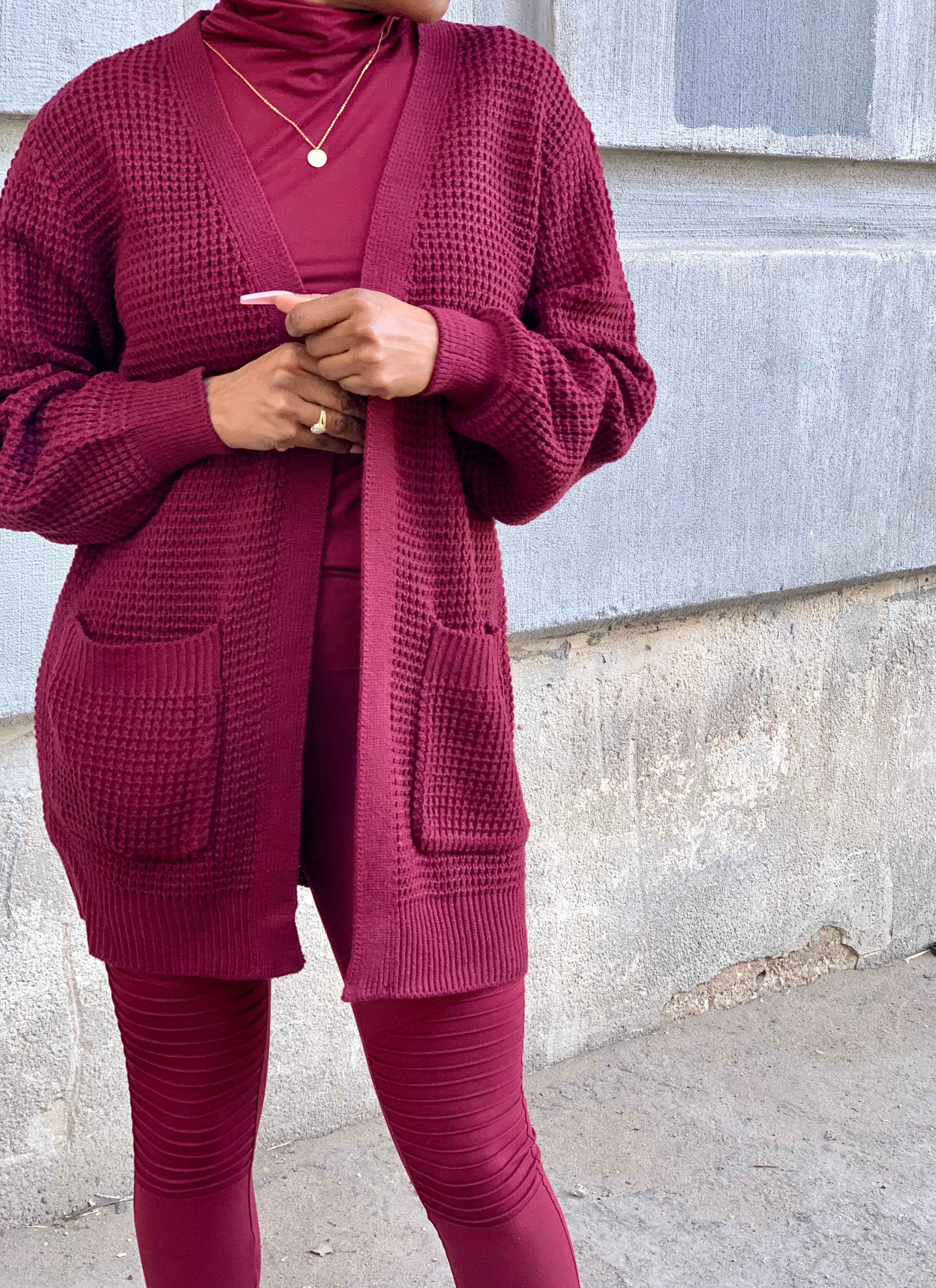 CARLI Waffle Cardigan-Burgundy