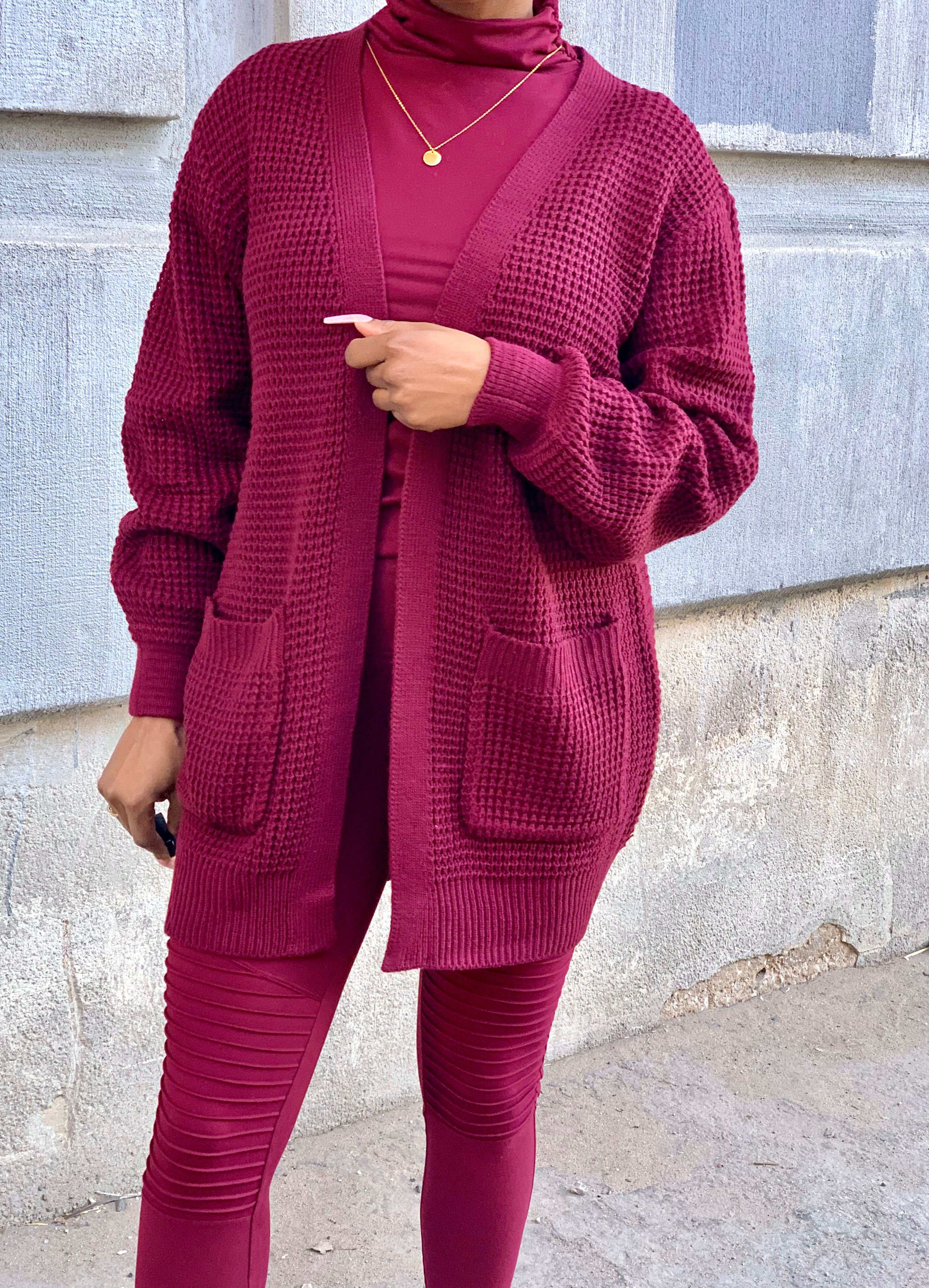 CARLI Waffle Cardigan-Burgundy