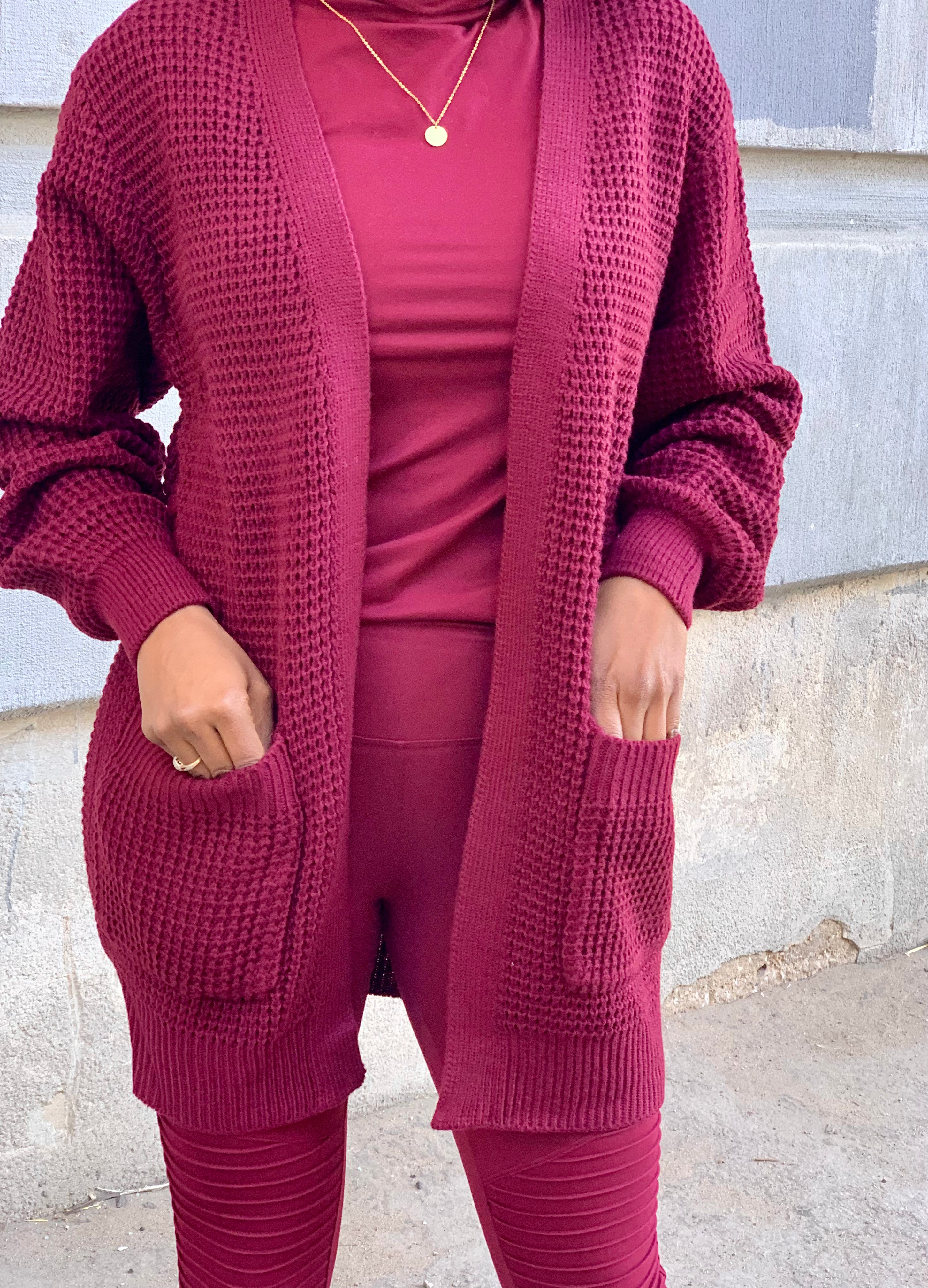 CARLI Waffle Cardigan-Burgundy