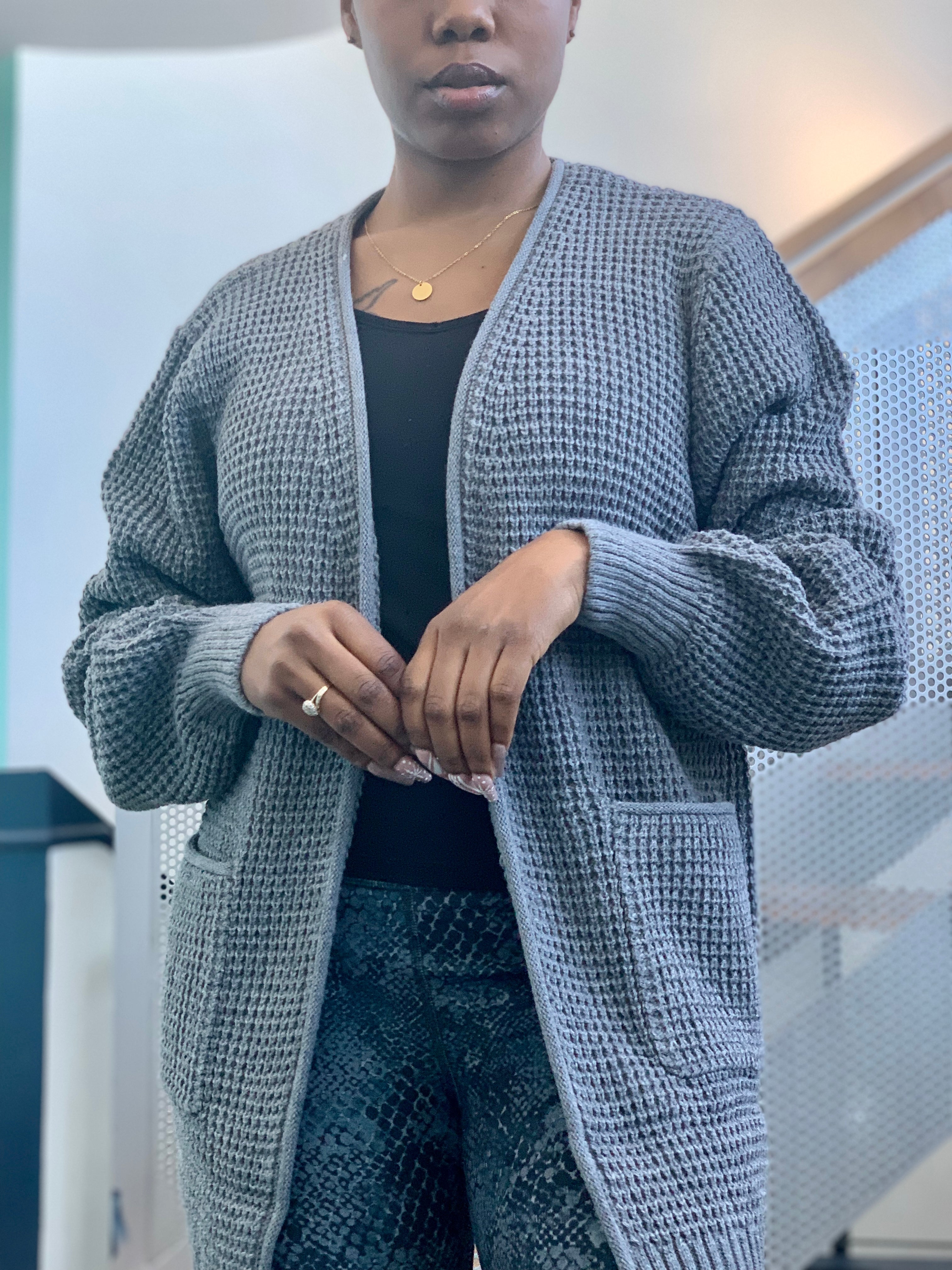 CARLI Waffle Cardigan-Heather Gray