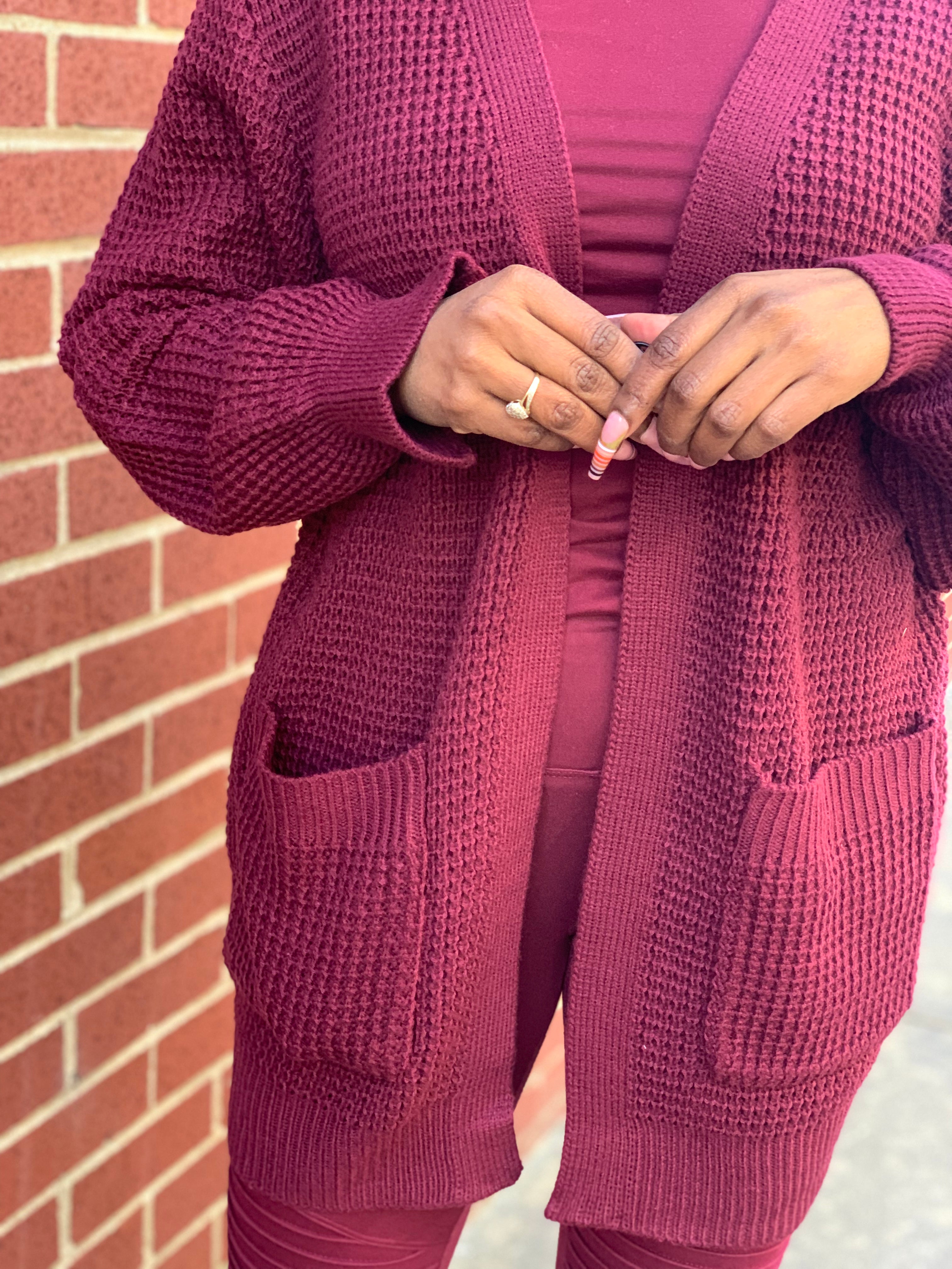 CARLI Waffle Cardigan-Burgundy