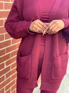 CARLI Waffle Cardigan-Burgundy