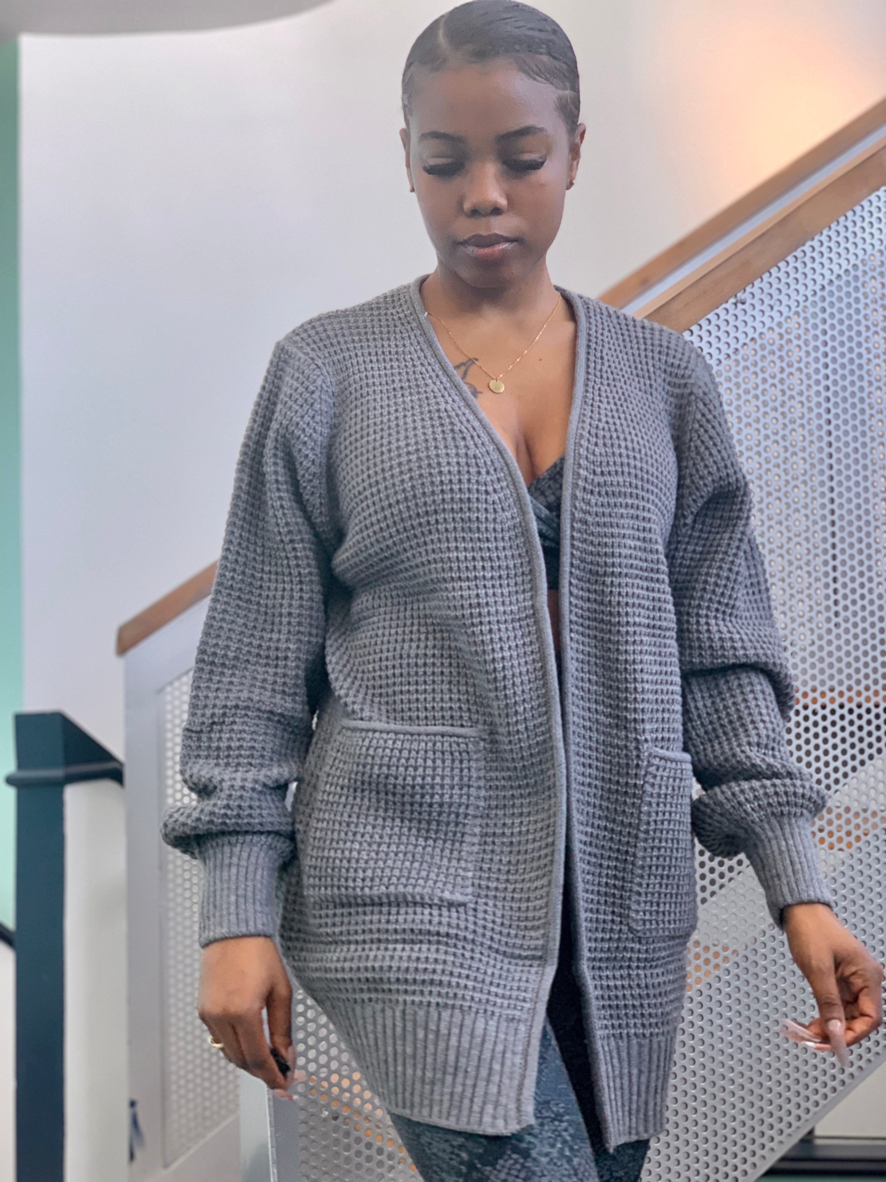 CARLI Waffle Cardigan-Heather Gray