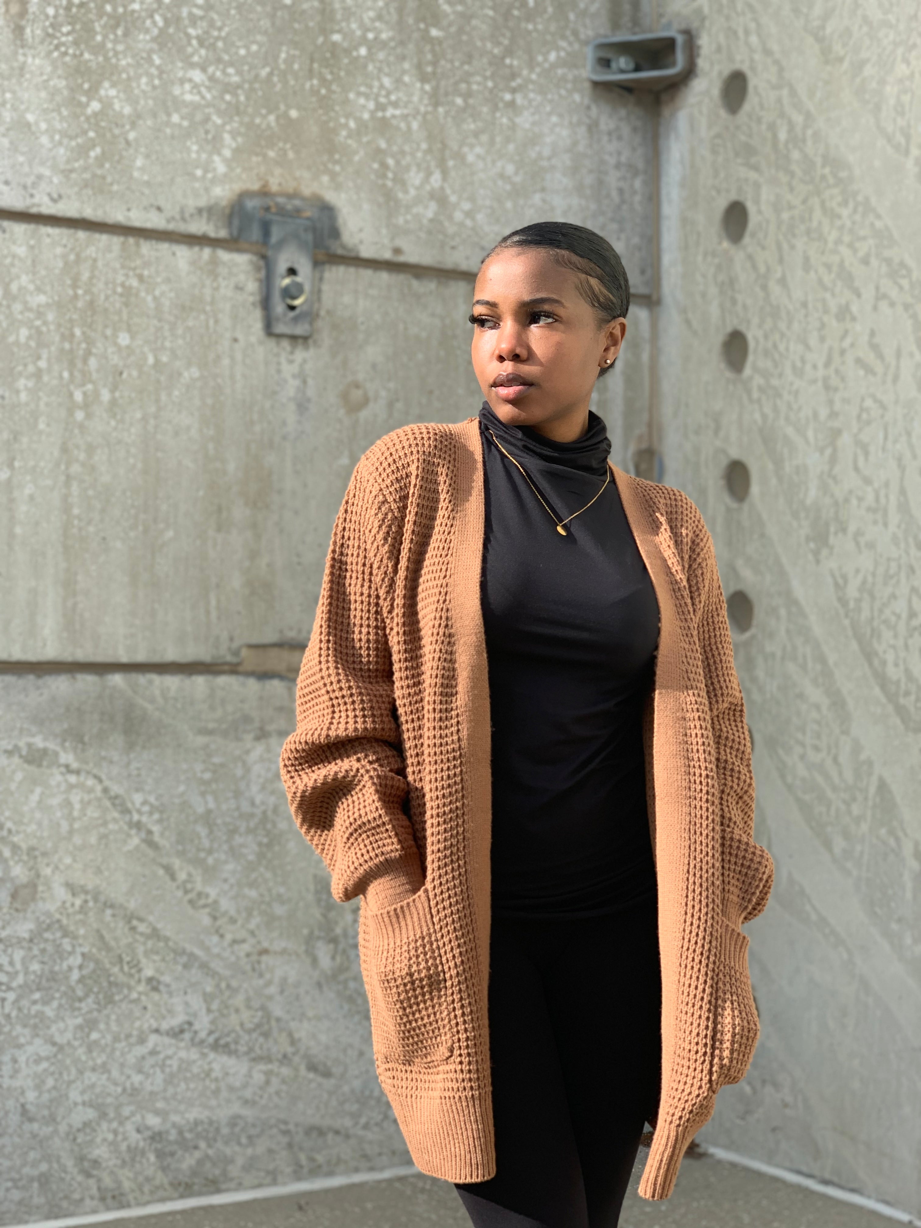 CARLI Waffle Cardigan-Camel