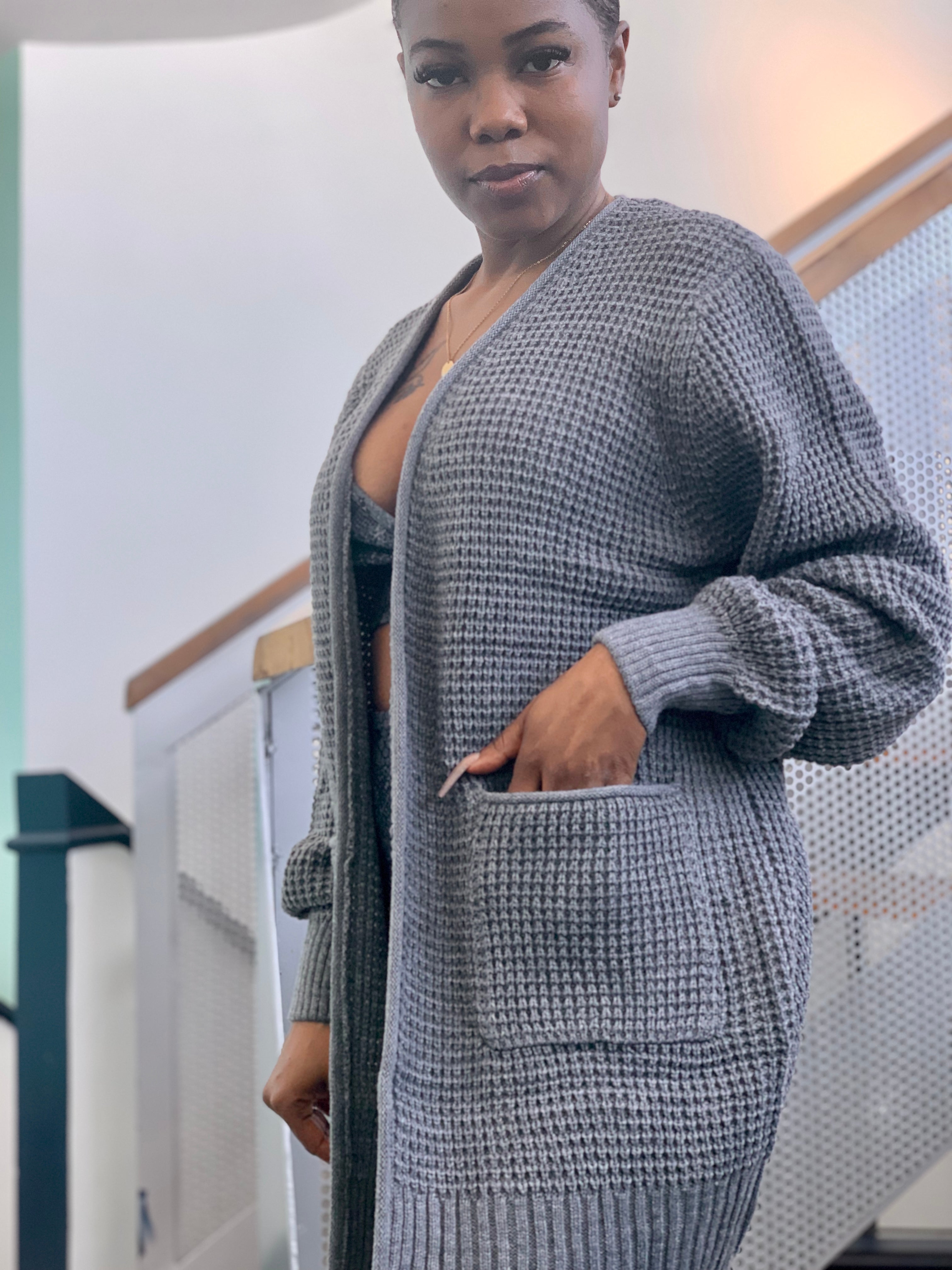 CARLI Waffle Cardigan-Heather Gray